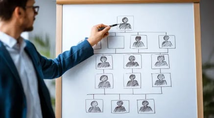 Mężczyzna wskazuje na tablice z drzewem genealogicznym