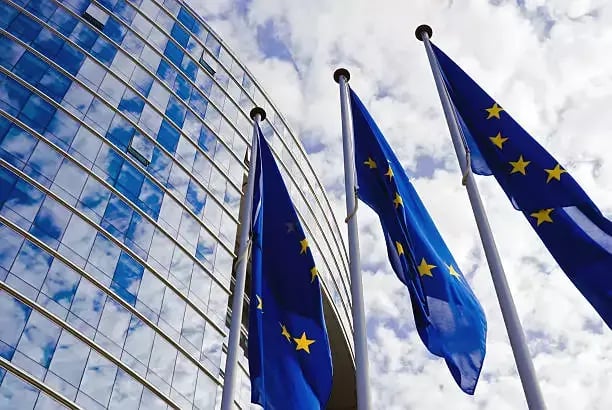 flagi unii europejskiej na tle budynku