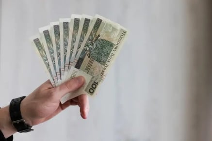 wachlarz banknotów 100PLN w dłoni