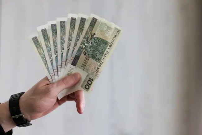 wachlarz banknotów 100PLN w dłoni